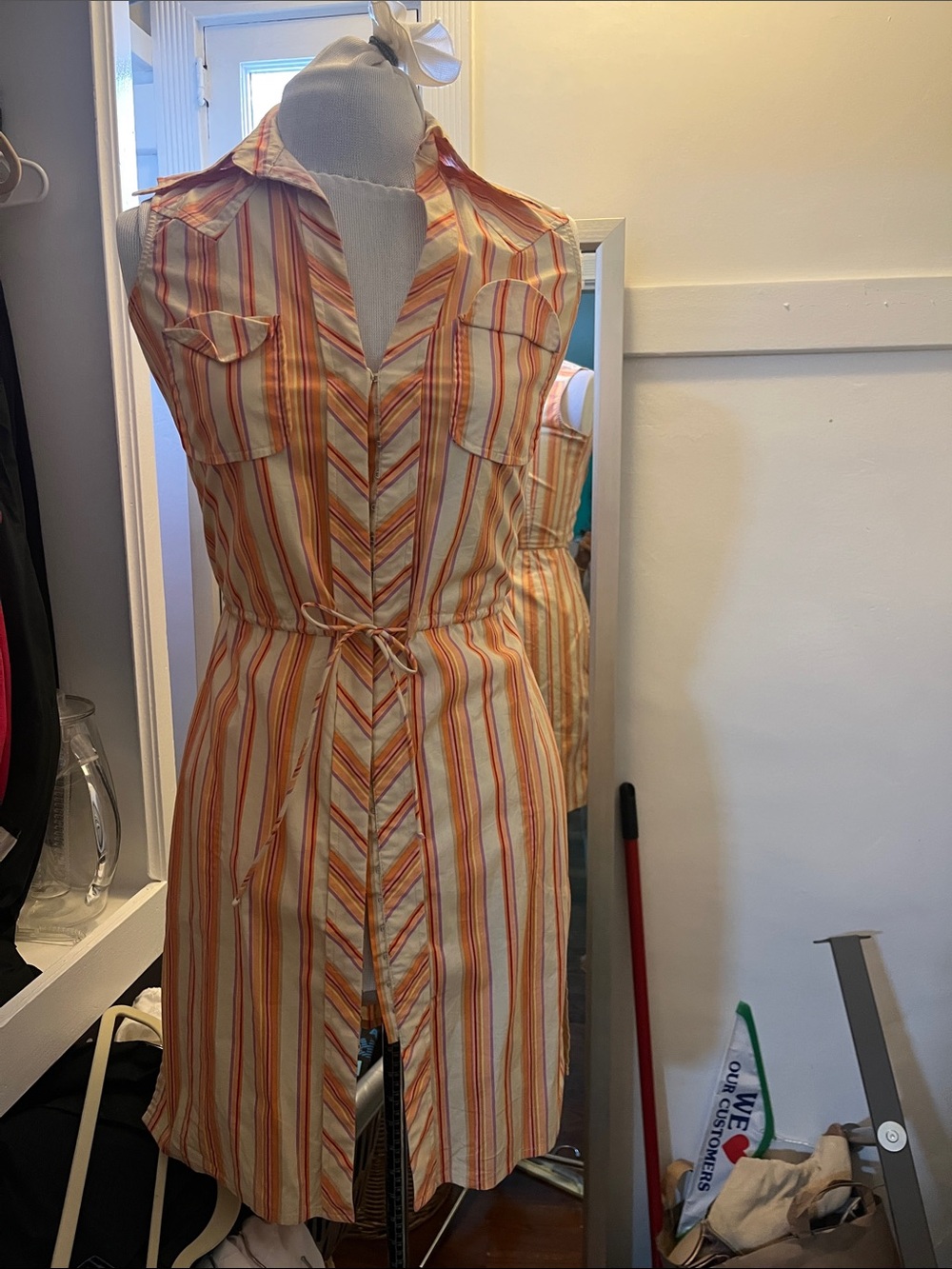 Tracy Reese Orange, Cream & Yellow Striped Sleeveless Shirt Dress